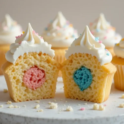 Gender Reveal Cupcakes with creamy white frosting and colorful sprinkles, featuring a hidden pink or blue center to reveal the baby's gender when cut open.