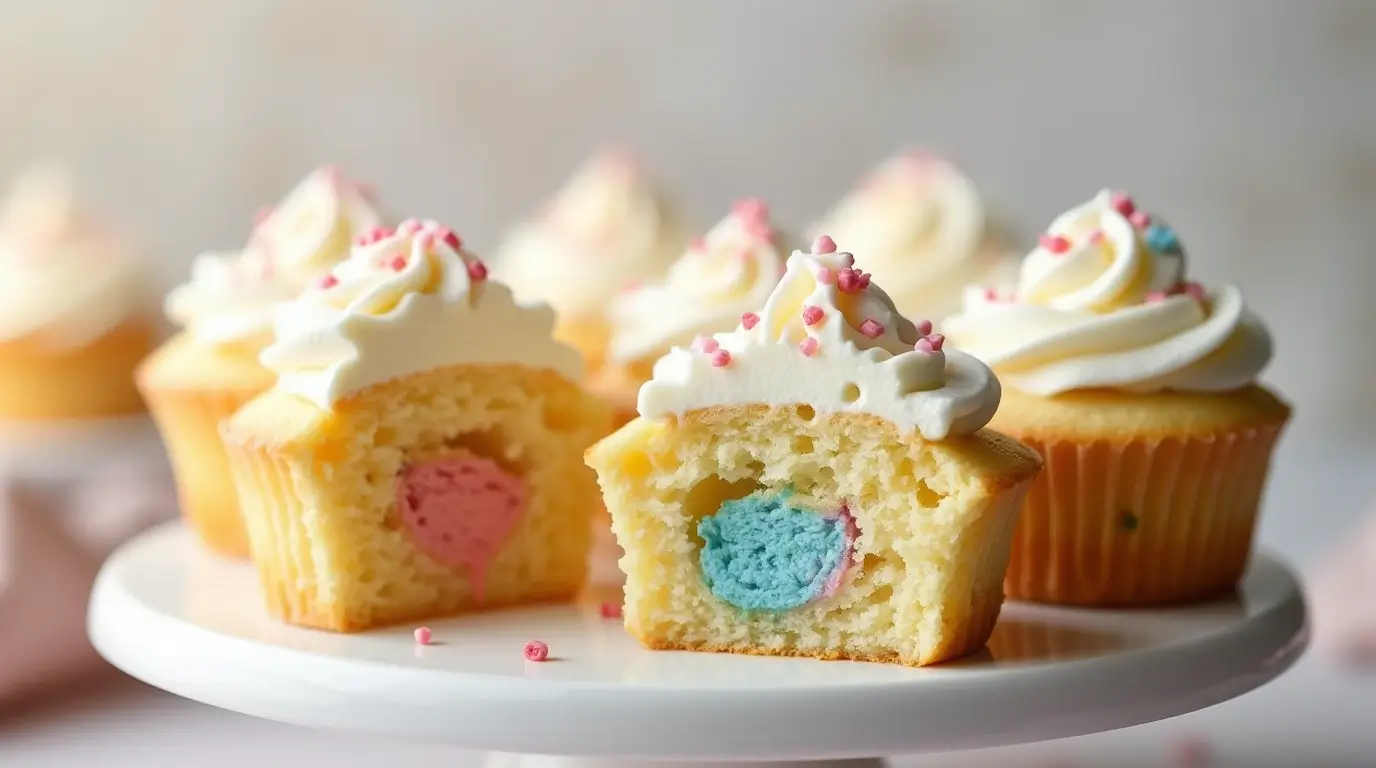 Gender Reveal Cupcakes with creamy white frosting, topped with pink sprinkles. The cupcakes have a hidden pink or blue filling inside, revealed when bitten or cut open.