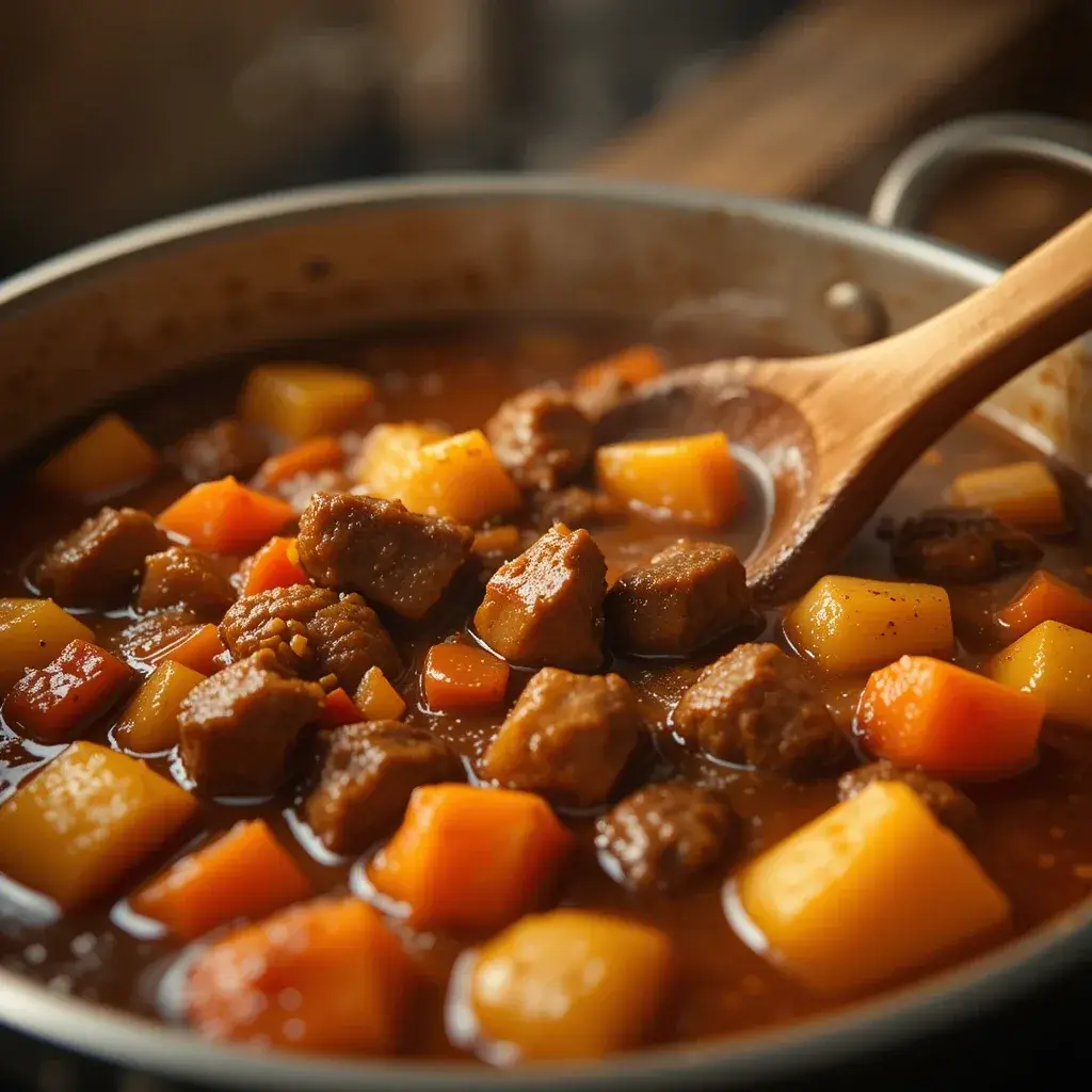 A simmering pot of Hawaiian beef stew recipe with tender beef chunks, carrots, and potatoes in a rich, flavorful broth, stirred with a wooden spoon.