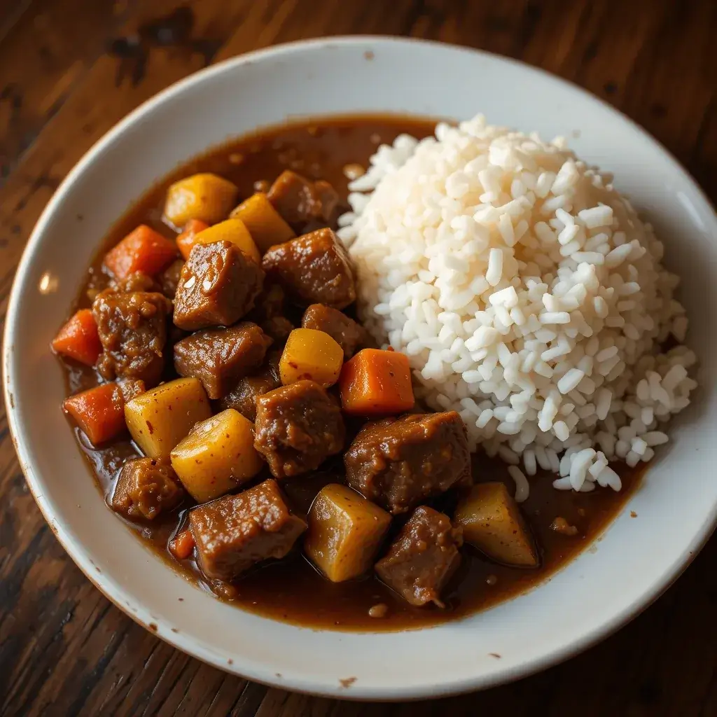 A plate of Hawaiian beef stew recipe served with tender beef chunks, potatoes, and carrots in a rich, savory sauce, paired with fluffy white rice.