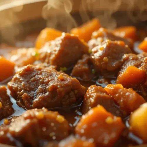 A steaming bowl of Hawaiian beef stew recipe with tender beef, carrots, and potatoes in a rich, savory broth, capturing the essence of traditional Hawaiian comfort food.