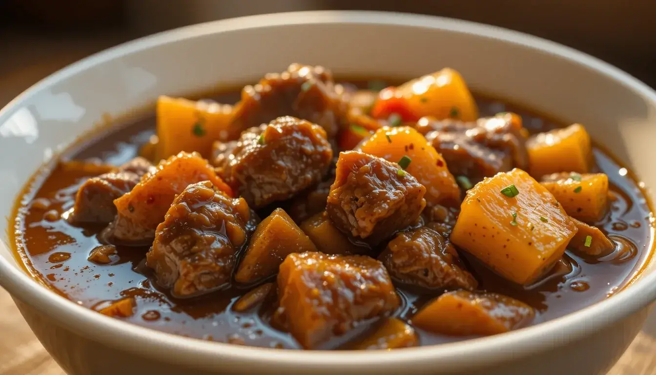 A hearty bowl of Hawaiian beef stew with tender beef chunks, potatoes, and a rich, savory broth, garnished with fresh herbs. A comforting dish perfect for any meal. Hawaiian beef stew recipe for a flavorful island-inspired meal.