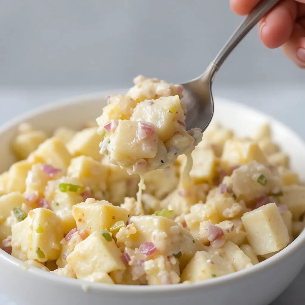 A close-up of a creamy Hellmann's potato salad recipe served in a white bowl, featuring tender potato chunks coated in a rich mayonnaise dressing, garnished with diced red onions and fresh green celery. A spoonful of the delicious salad is being lifted, showcasing its creamy texture.