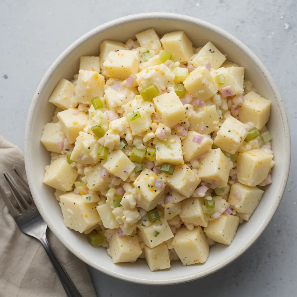 A top-down view of a creamy Hellmann's potato salad recipe in a white bowl, featuring tender potato cubes, diced red onions, fresh celery, and a rich mayonnaise dressing, garnished with black pepper.