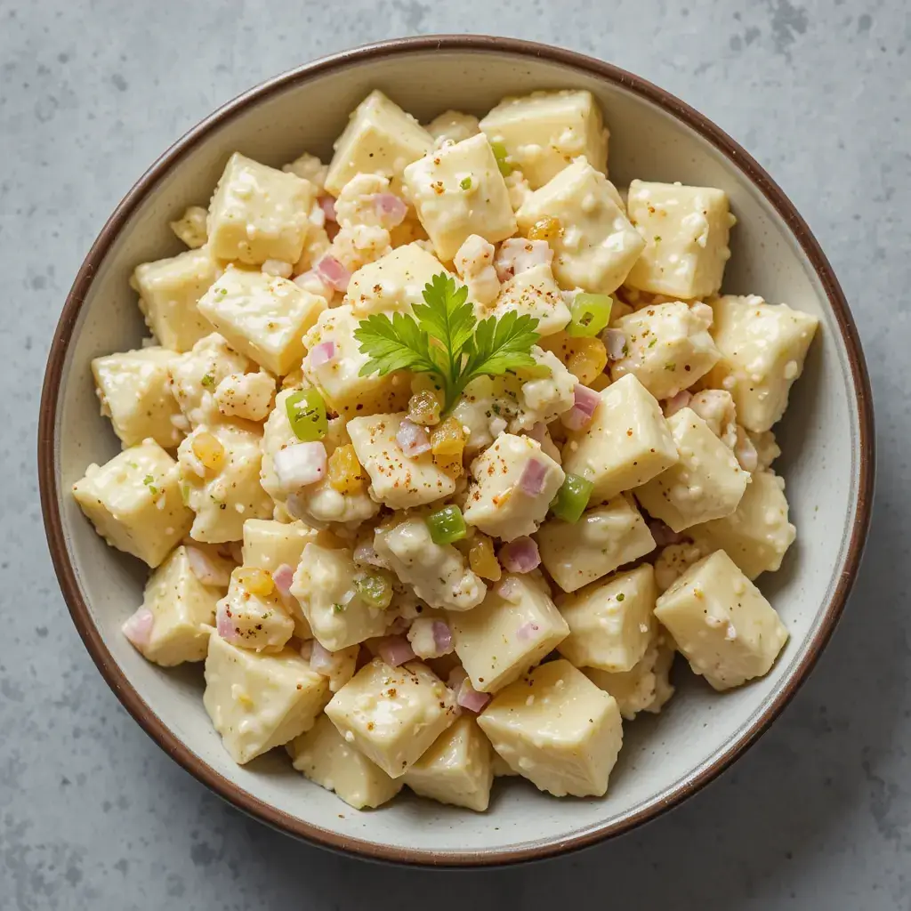 A delicious Hellmann's potato salad recipe served in a rustic bowl, featuring creamy potato cubes mixed with a rich mayonnaise dressing, diced red onions, fresh celery, and a touch of seasoning, garnished with parsley.