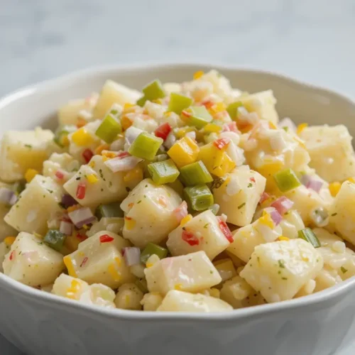 A vibrant Hellmann's potato salad recipe served in a white bowl, featuring creamy potato cubes mixed with a rich mayonnaise dressing, diced red onions, green celery, red and yellow bell peppers, and fresh herbs.