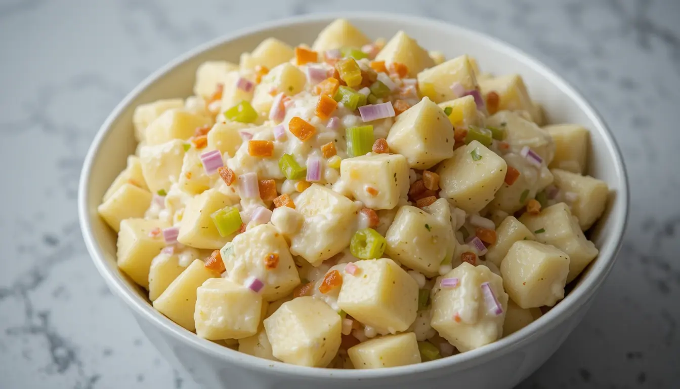 A creamy and delicious Hellmann's potato salad recipe served in a white bowl, featuring tender potato chunks mixed with a rich mayo dressing, crispy bacon bits, diced red onions, and fresh green celery.