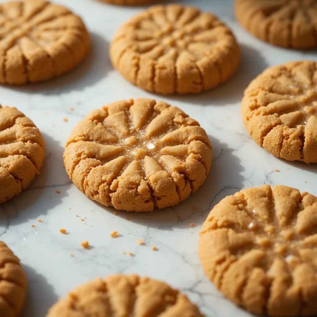 Freshly baked cookies made with the Jif peanut butter cookie recipe, featuring a beautifully cracked texture and a light sugar dusting, displayed on a marble countertop.