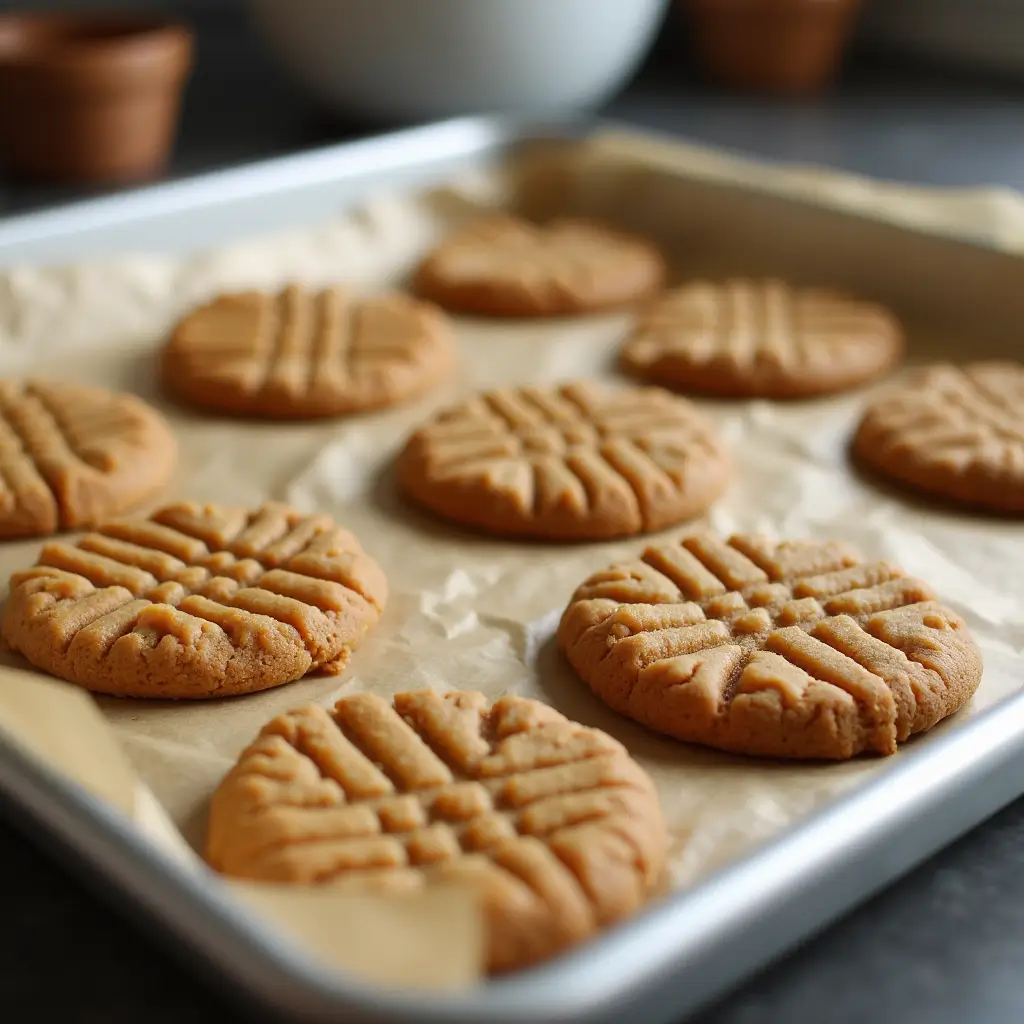 Freshly baked cookies made with the Jif peanut butter cookie recipe, arranged on a parchment-lined baking sheet with a classic crisscross pattern.