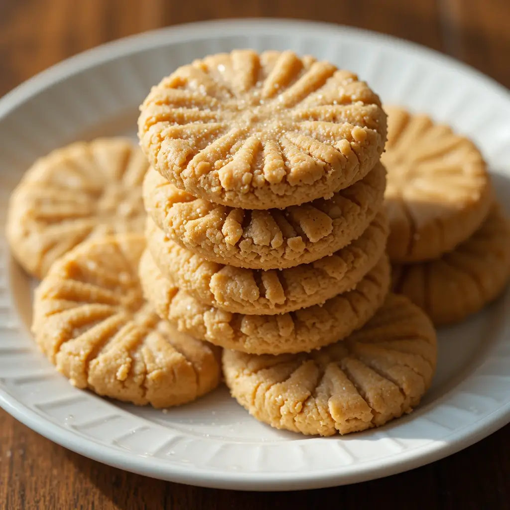 A stack of homemade cookies made using the Jif peanut butter cookie recipe, lightly dusted with sugar and arranged on a white plate.