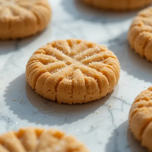 Freshly baked cookies from the Jif peanut butter cookie recipe, featuring a crumbly texture and a light sugar coating, arranged on a marble countertop.