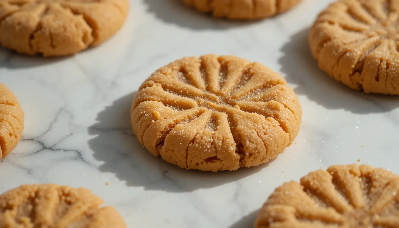 Freshly baked cookies made from the Jif peanut butter cookie recipe, featuring a soft, crumbly texture with a sugar-coated surface, arranged on a marble countertop.