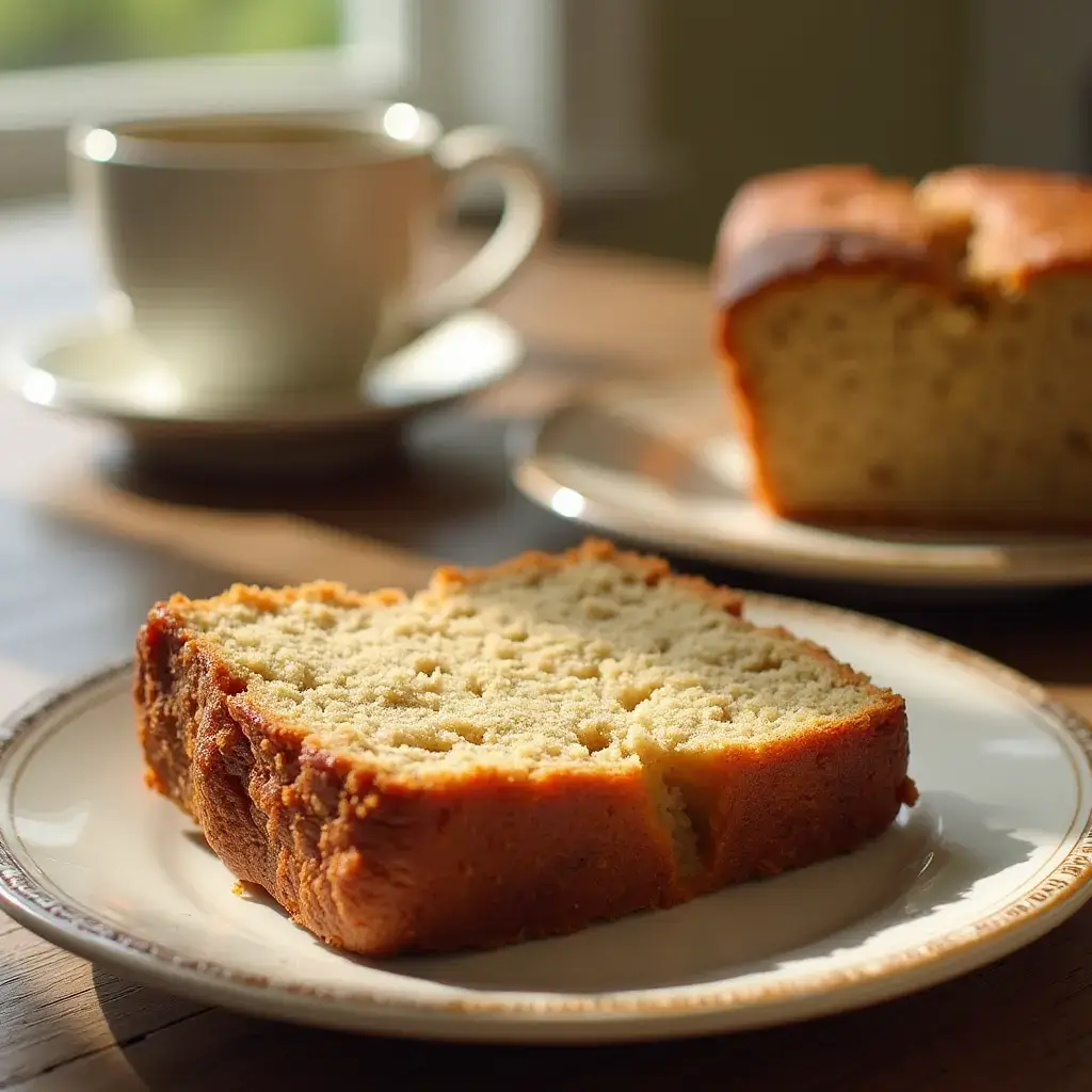 A delicious slice of Joys Banana Bread on a decorative plate, with a cup of coffee and the remaining loaf in the background, bathed in warm natural sunlight.