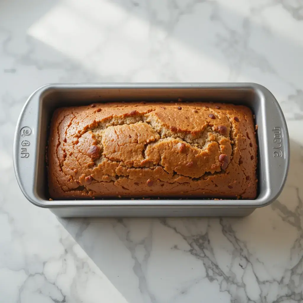 A freshly baked Joys Banana Bread loaf in a metal baking pan, resting on a marble countertop with soft natural light highlighting its golden-brown crust.