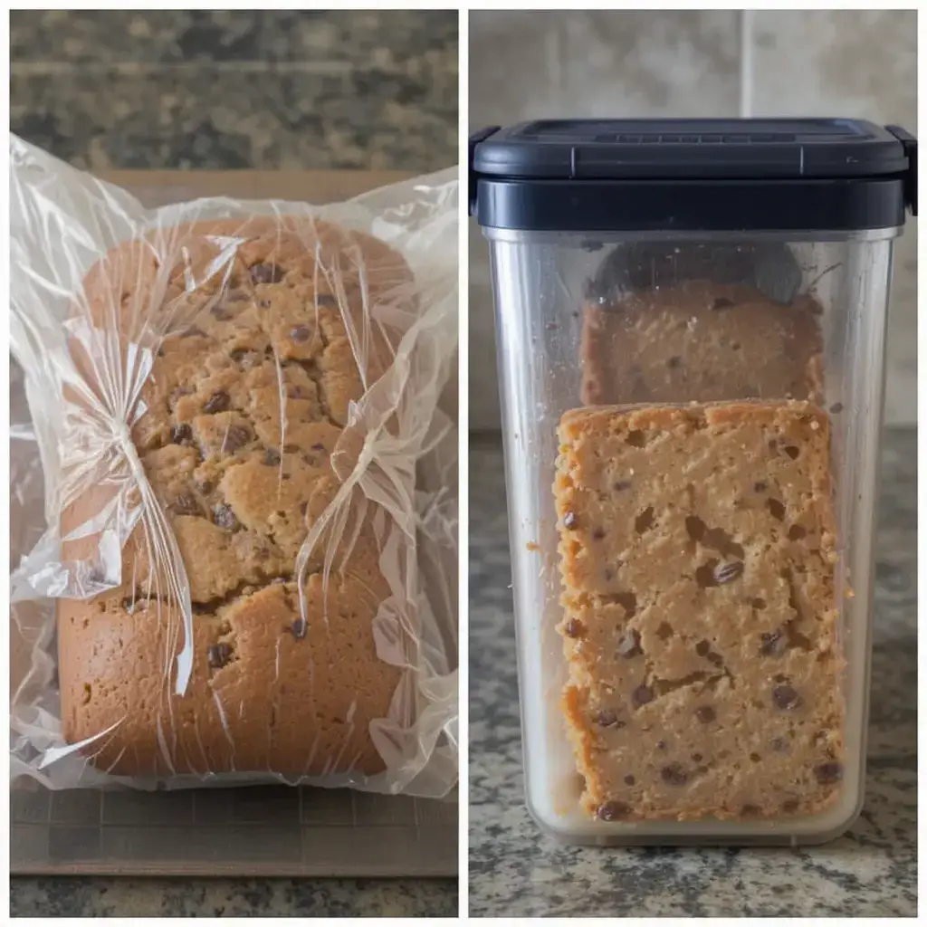 A loaf of Joys Banana Bread wrapped in plastic on the left, and sliced pieces stored in an airtight container on the right, showcasing different storage methods.