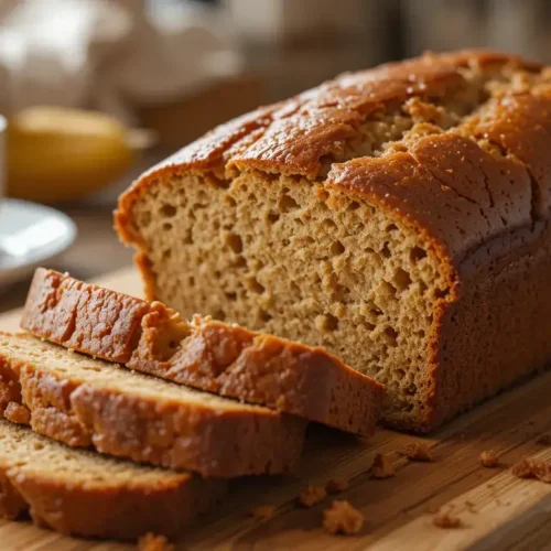 A freshly baked Joys Banana Bread loaf with a golden crust, sliced on a wooden cutting board, accompanied by a cup of coffee in a cozy kitchen setting.