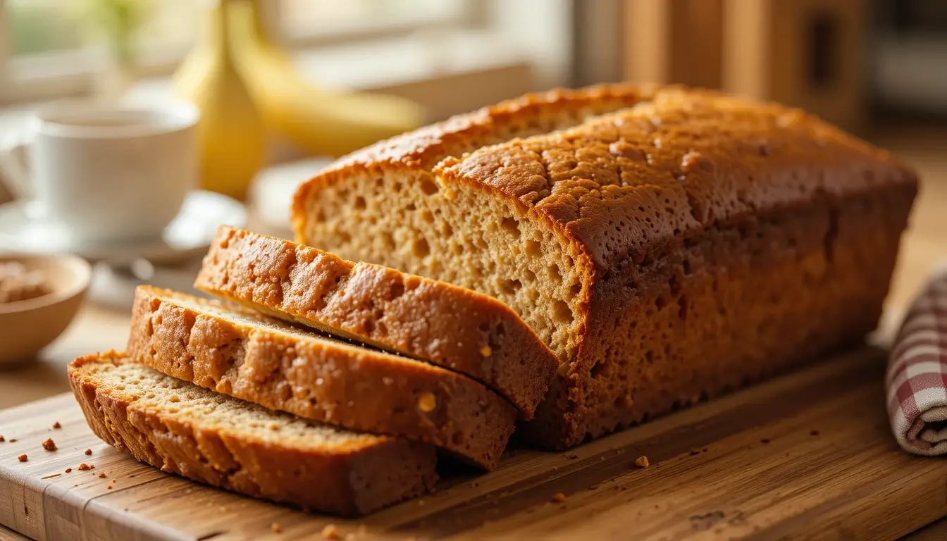 A freshly baked Joys Banana Bread loaf with a golden-brown crust, sliced on a wooden cutting board, with bananas and a cup of coffee in the background, creating a warm and inviting kitchen scene.