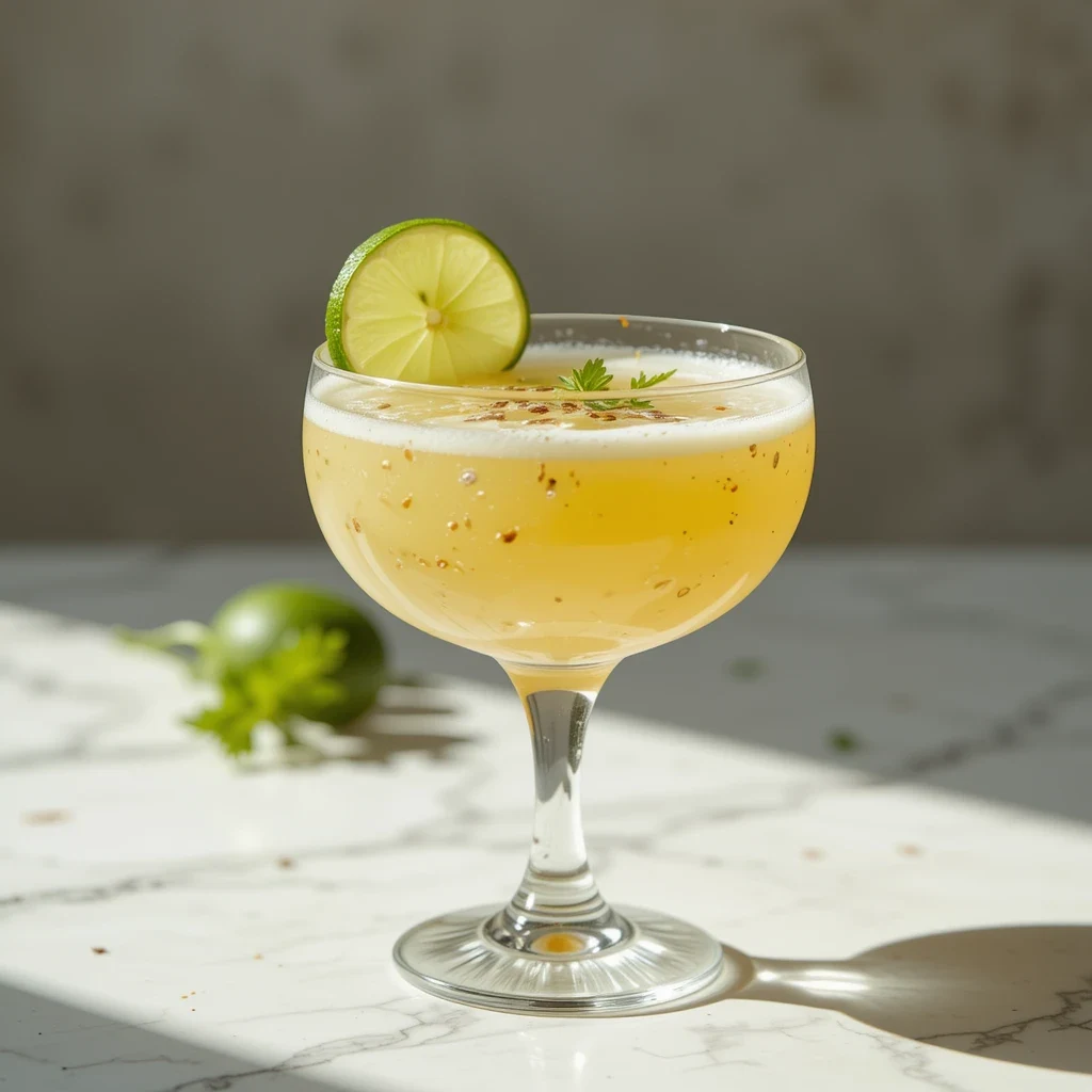 A beautifully presented leche de tigre recipe served in an elegant cocktail glass, garnished with a fresh lime slice and cilantro, showcasing its vibrant, citrus-infused flavors.