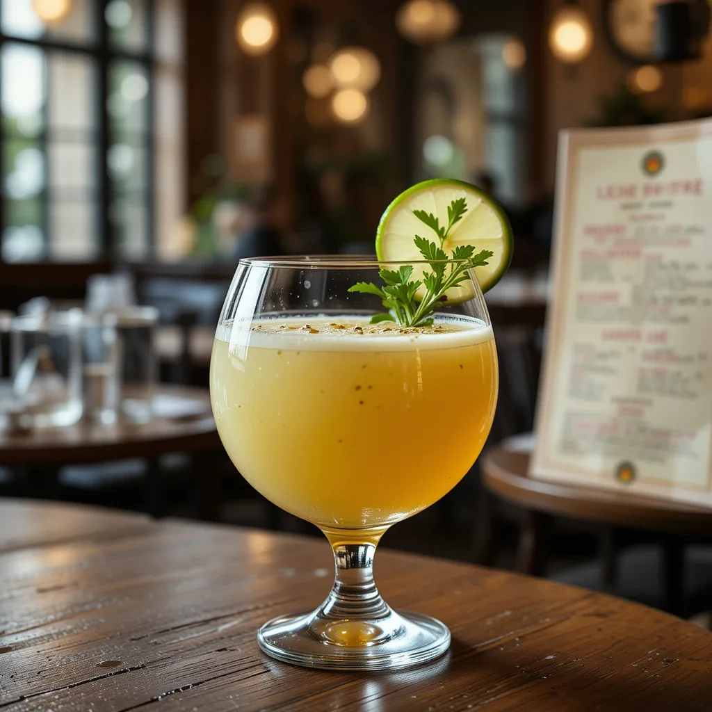 A delicious leche de tigre recipe served in a round glass, garnished with lime and fresh cilantro, placed on a wooden table in a cozy restaurant setting.