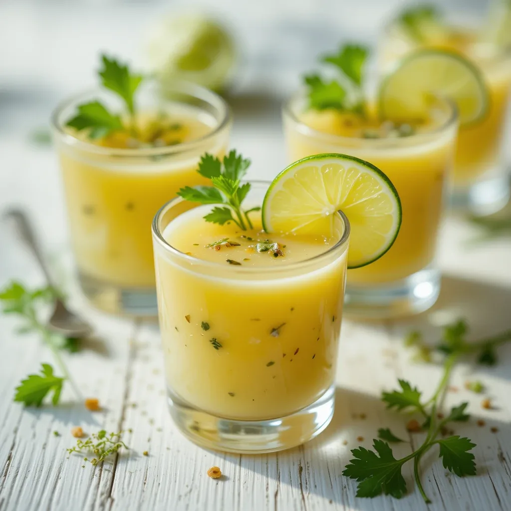 A vibrant leche de tigre recipe served in small glasses, garnished with fresh lime slices and cilantro, showcasing its rich, citrus-infused texture.