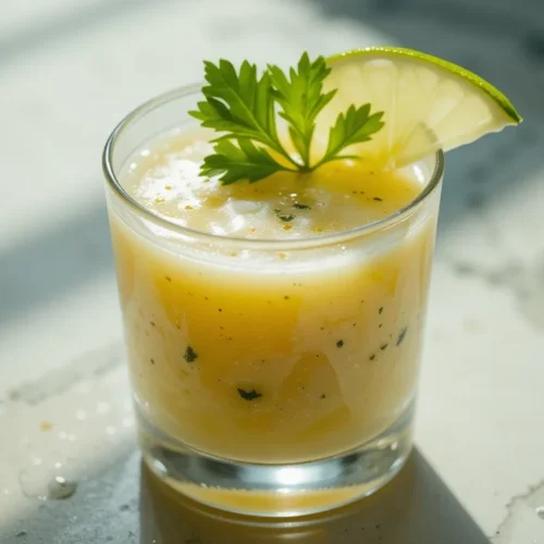 A single serving of leche de tigre recipe in a clear glass, garnished with fresh lime and cilantro, highlighting its creamy and citrus-infused texture.