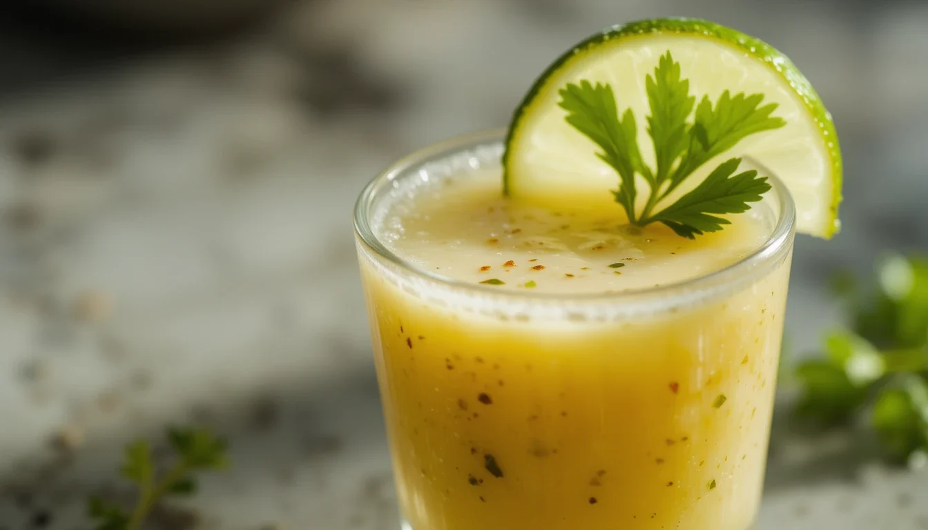 A refreshing leche de tigre recipe served in a small glass, garnished with a lime wedge and fresh cilantro, showcasing its creamy, spiced texture.