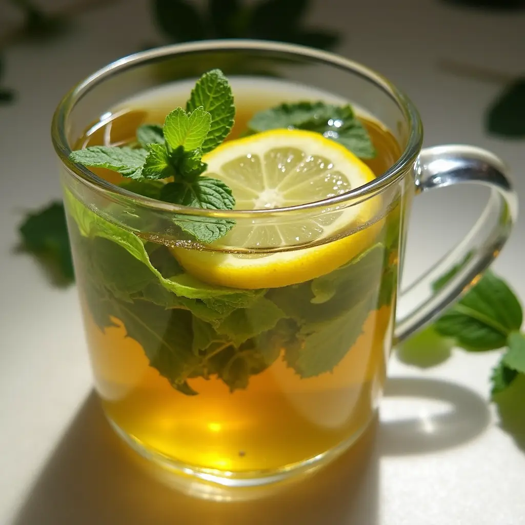 A warm cup of herbal tea made with fresh lemon balm leaves and lemon slices, highlighting a lemon balm recipe for weight loss. The golden tea is served in a clear glass mug, surrounded by fresh herbs.