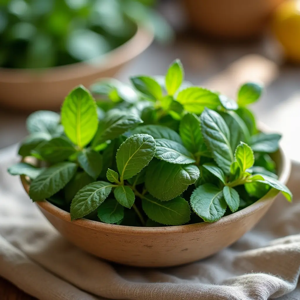 A wooden bowl filled with fresh lemon balm leaves, essential for preparing a lemon balm recipe for weight loss. The vibrant green leaves are placed on a soft cloth, with a blurred background of additional herbs and lemons.