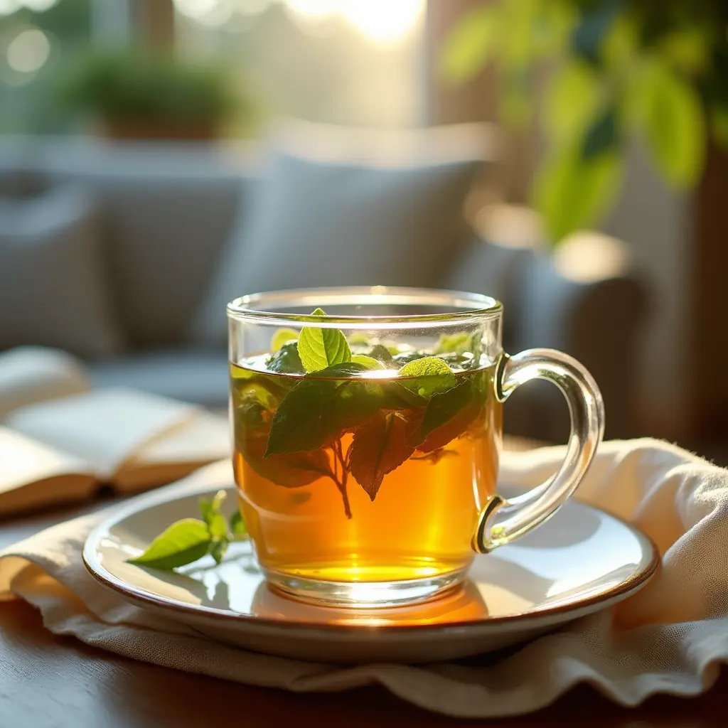 A warm cup of lemon balm tea, infused with fresh lemon balm leaves, sitting on a white plate in a cozy, sunlit living room. This soothing herbal tea is a perfect lemon balm recipe for weight loss, known for its metabolism-boosting properties.