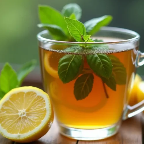 A glass cup filled with warm lemon balm tea, garnished with fresh lemon balm leaves and lemon slices, placed on a rustic wooden surface. This refreshing herbal drink is a perfect lemon balm recipe for weight loss.