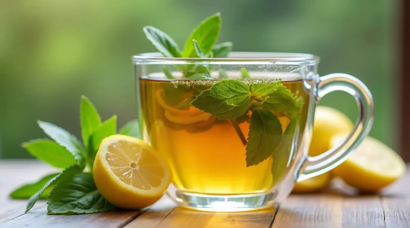 A refreshing glass of lemon balm tea with fresh lemon slices and mint leaves, perfect for a lemon balm recipe for weight loss. The tea is served in a clear glass cup, placed on a wooden surface with a blurred green background.