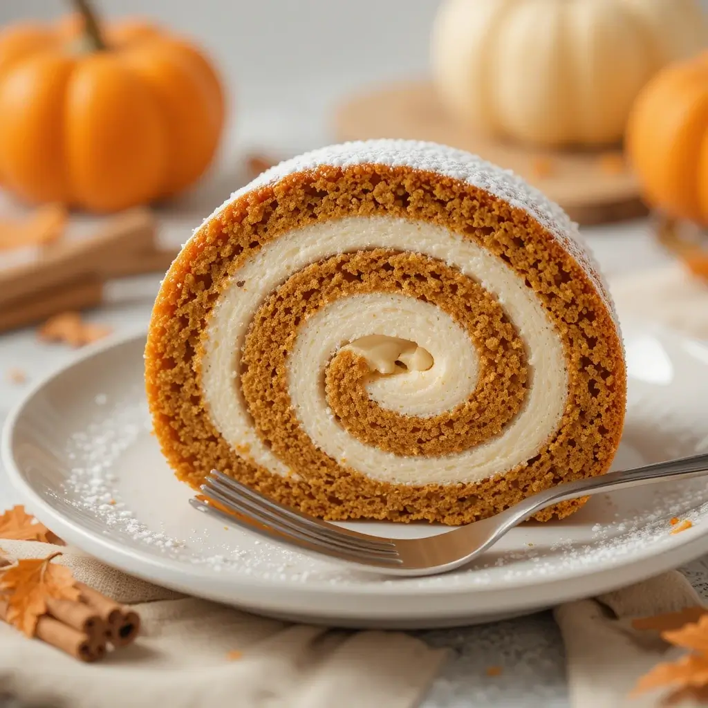 A delicious slice of Libby's Pumpkin Roll Recipe on a white plate, showcasing its perfect swirl of pumpkin sponge cake and creamy filling. The dessert is lightly dusted with powdered sugar and surrounded by fall decorations, including pumpkins and cinnamon sticks.