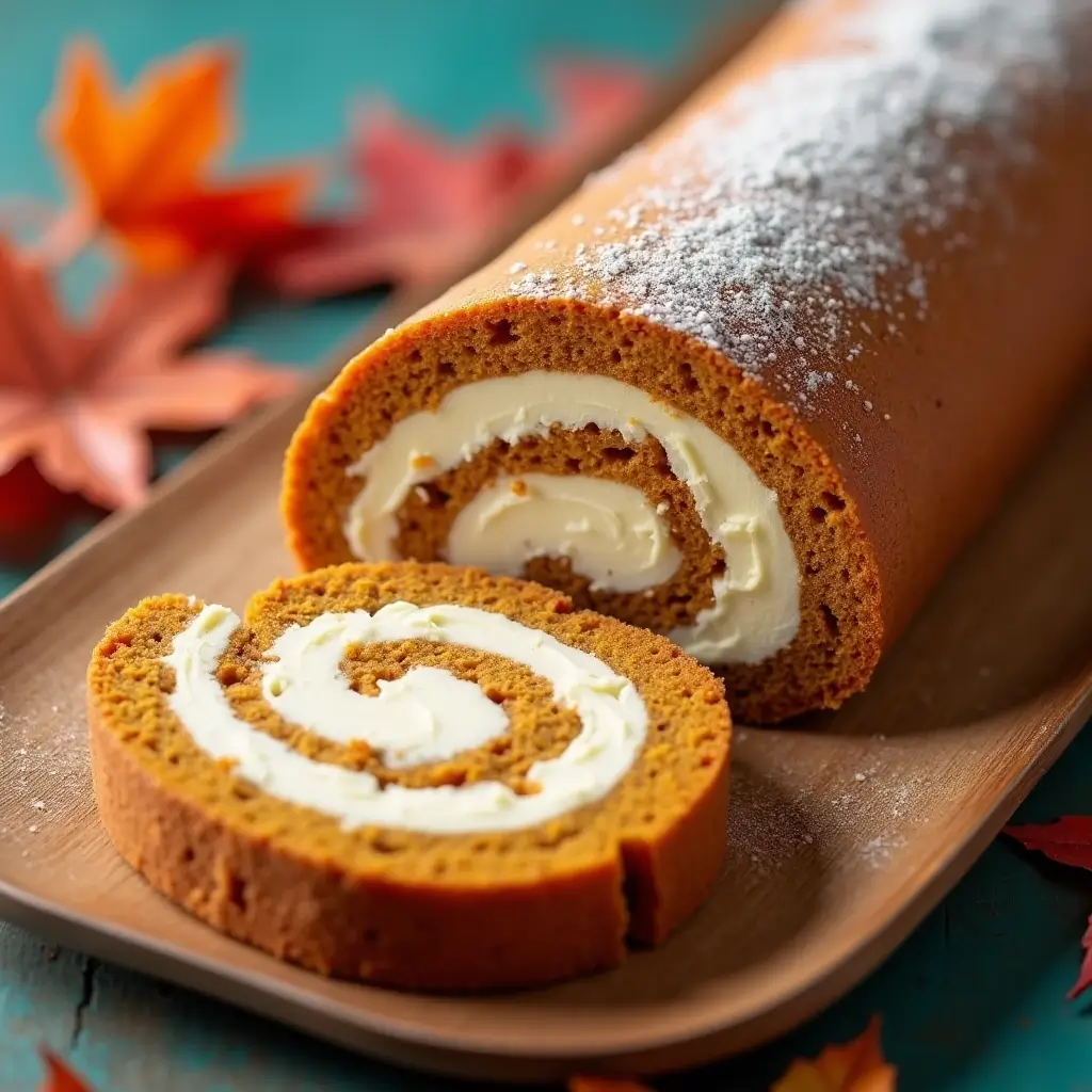 A freshly baked Libby’s Pumpkin Roll Recipe on a wooden platter, featuring a golden-brown pumpkin sponge cake rolled with a creamy filling. The roll is dusted with powdered sugar and surrounded by autumn leaves, creating a cozy fall atmosphere.