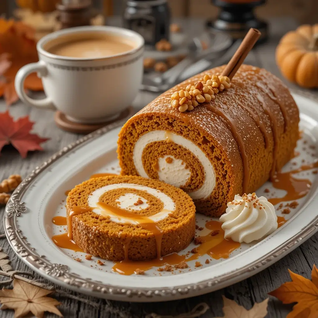 A beautifully decorated Libby’s Pumpkin Roll Recipe on an elegant silver platter, drizzled with caramel sauce and topped with a cinnamon stick and crunchy nuts. A slice is served with whipped cream, surrounded by autumn leaves and a cup of coffee in the background.