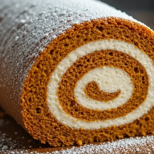 A freshly baked Libby’s Pumpkin Roll Recipe dusted with powdered sugar, showcasing a perfect spiral of spiced pumpkin cake and creamy filling on a rustic wooden surface.