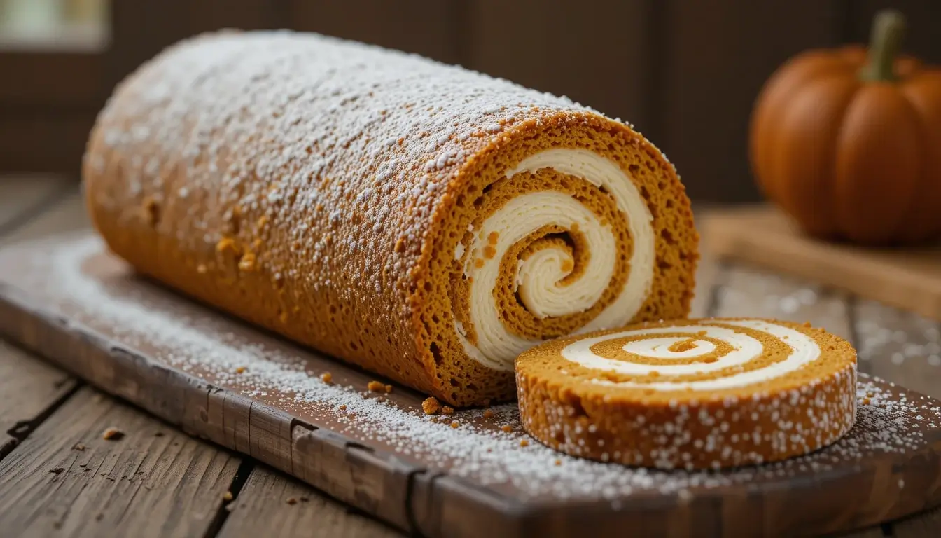 A freshly baked Libby's Pumpkin Roll Recipe with a golden sponge cake and creamy filling, dusted with powdered sugar. The roll is sliced to reveal its beautiful spiral, set on a rustic wooden board with a pumpkin in the background.