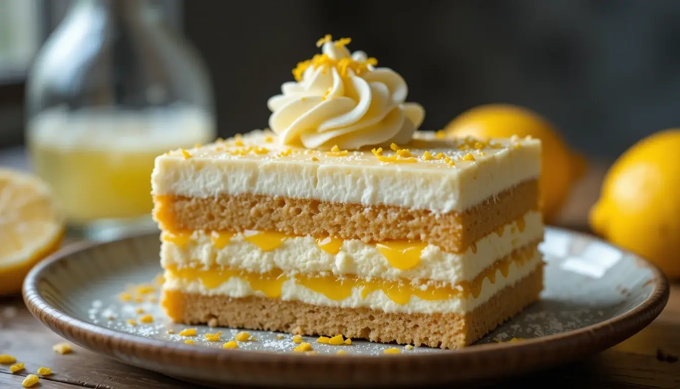 A delicious limoncello tiramisu with layers of soft sponge cake, creamy mascarpone, and vibrant lemon curd, topped with whipped cream and lemon zest.