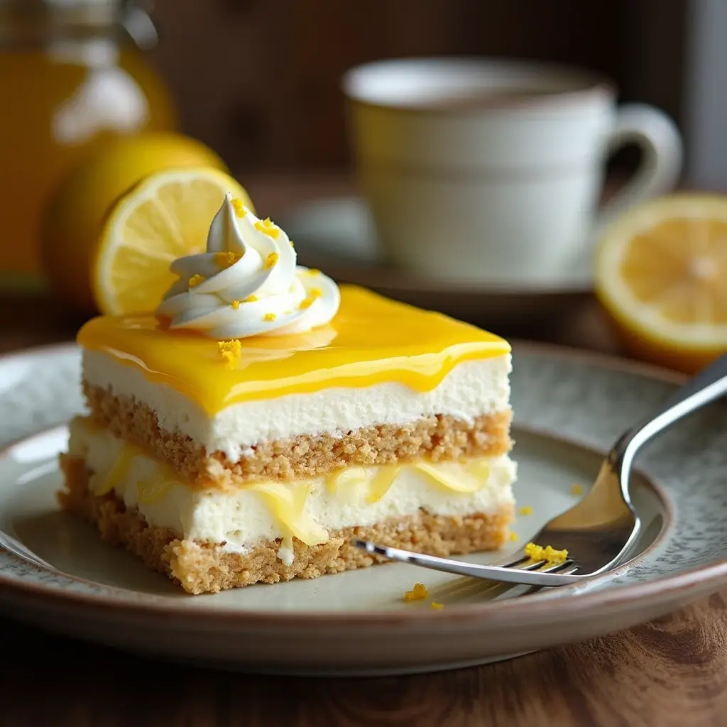 A rich and creamy limoncello tiramisu with layers of biscuit, mascarpone, and tangy lemon curd, topped with whipped cream and lemon zest, served on a plate with a fork.