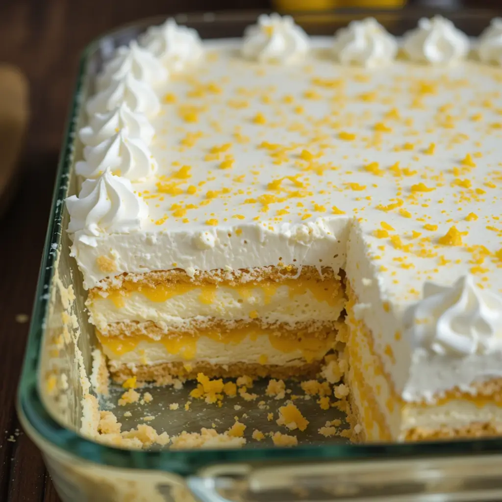 A homemade limoncello tiramisu in a glass baking dish, with creamy mascarpone layers, golden biscuit, and tangy lemon curd, topped with whipped cream and lemon zest.