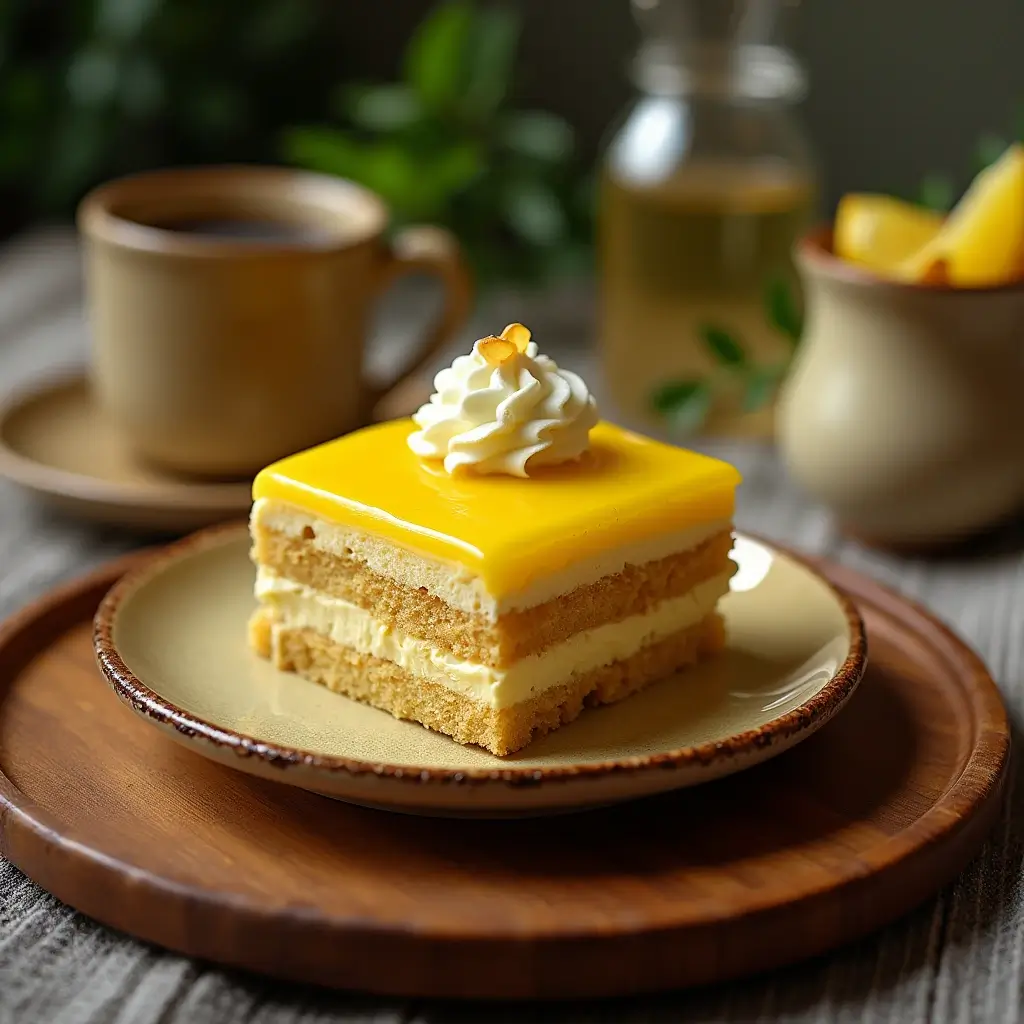 A beautifully plated limoncello tiramisu with layers of sponge cake, creamy mascarpone, and vibrant lemon curd, topped with whipped cream and garnished with lemon zest, served with a cup of coffee.