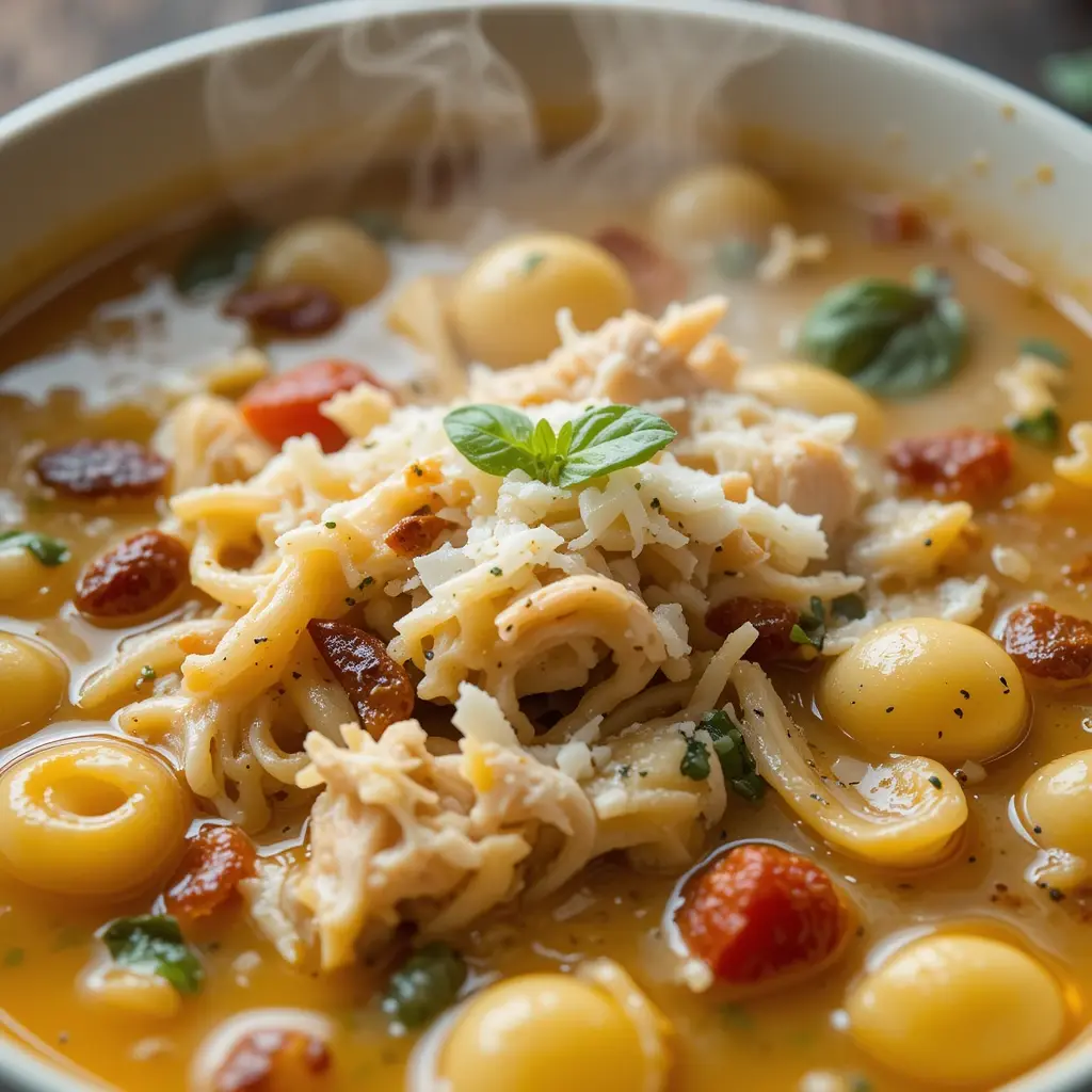 A steaming bowl of marry me chicken soup with shredded chicken, tender pasta, cherry tomatoes, fresh basil, and melted cheese in a rich, flavorful broth.