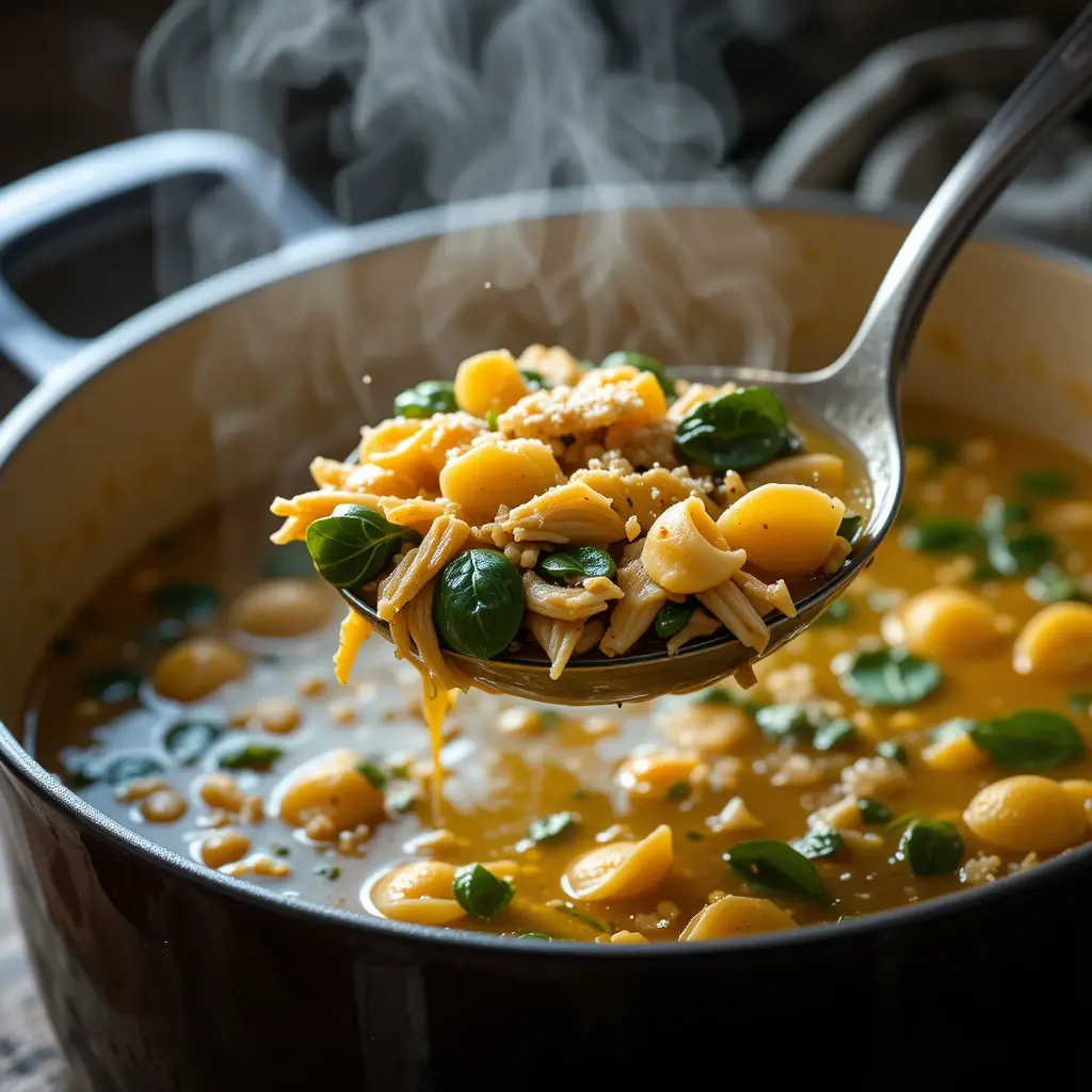 A ladle filled with marry me chicken soup, featuring shredded chicken, pasta, fresh basil, and a golden broth, steaming hot and ready to serve.