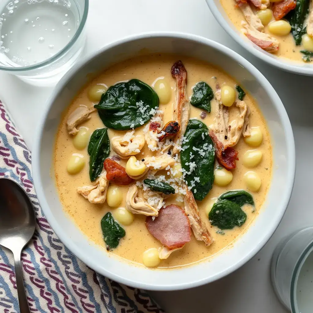 A creamy bowl of marry me chicken soup with shredded chicken, fresh spinach, crispy bacon, pasta, and parmesan, served on a white table with a glass of water.