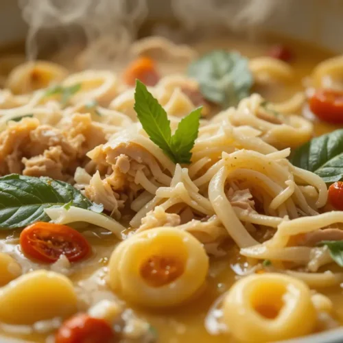 A steaming bowl of marry me chicken soup with shredded chicken, cherry tomatoes, fresh basil, and tender pasta in a golden, flavorful broth.