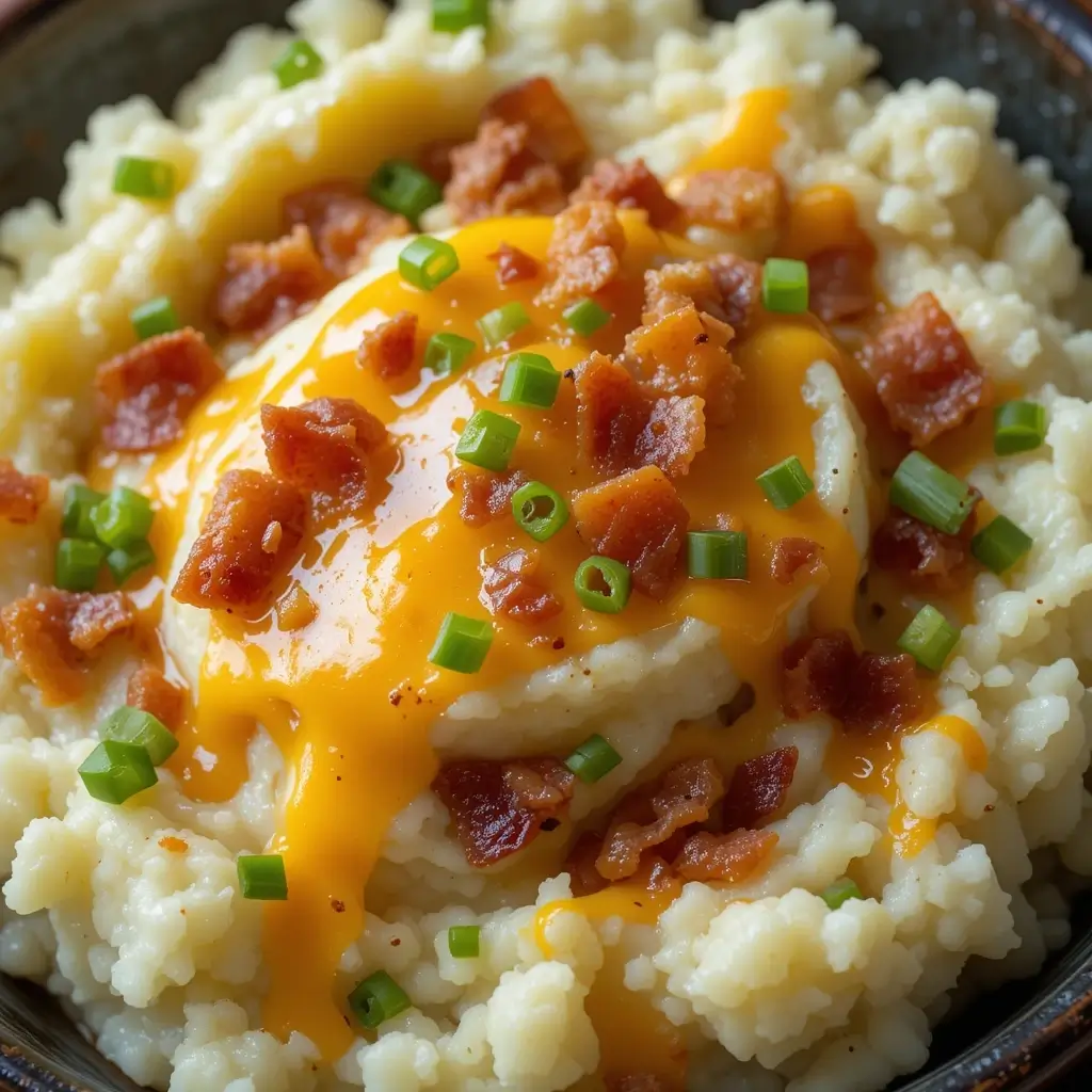 A delicious mashed potato bar creation featuring creamy mashed potatoes topped with melted cheddar cheese, and fresh green onions.