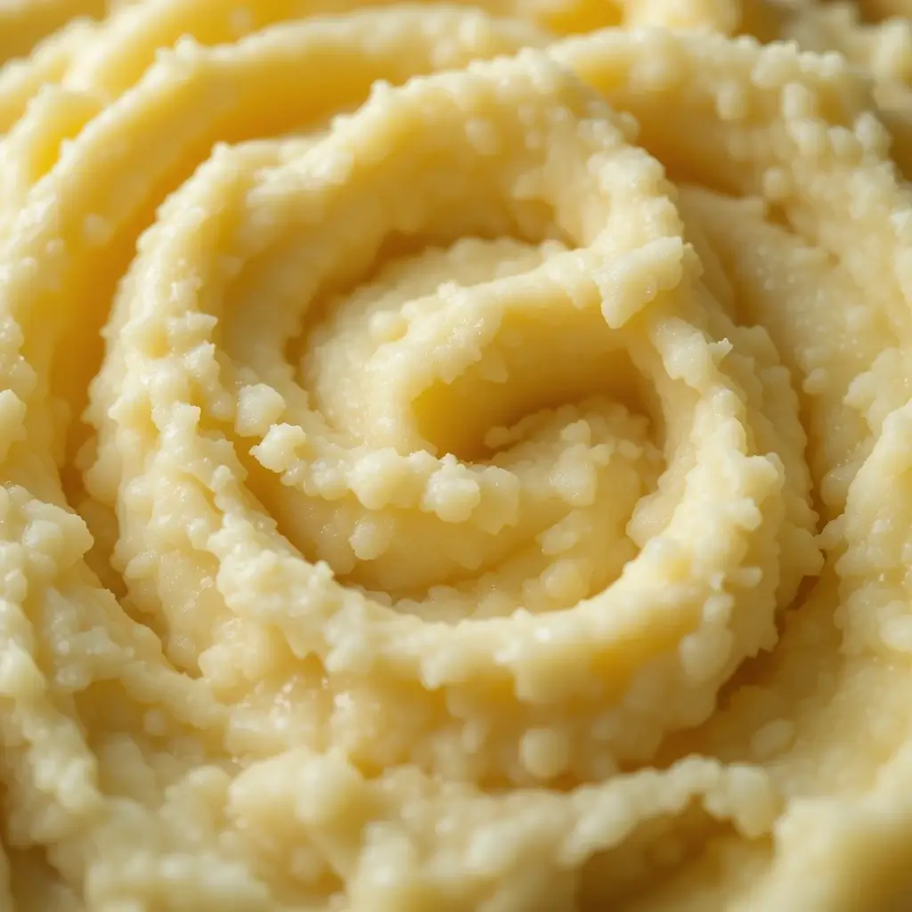 A close-up of creamy mashed potatoes with a smooth, swirled texture, perfect for a mashed potato bar setup.