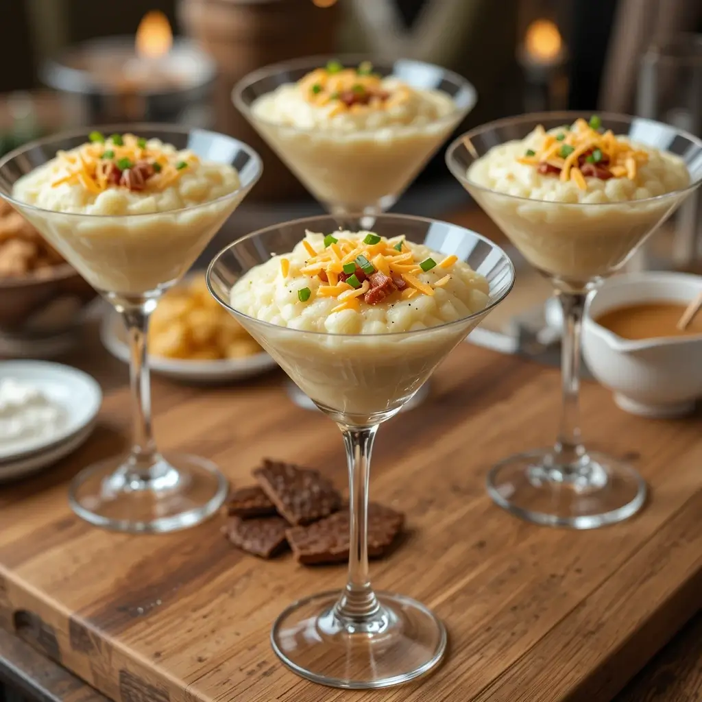 A stylish mashed potato bar featuring creamy mashed potatoes elegantly served in martini glasses, topped with cheddar cheese and green onions, displayed on a wooden table with various side toppings.