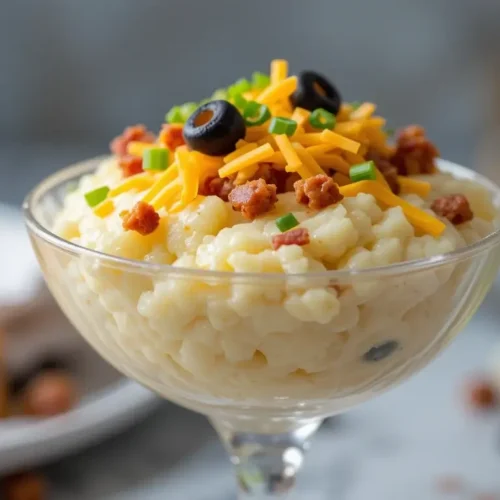 A gourmet mashed potato bar serving creamy mashed potatoes in an elegant glass, topped with shredded cheddar cheese, black olives, and fresh green onions.