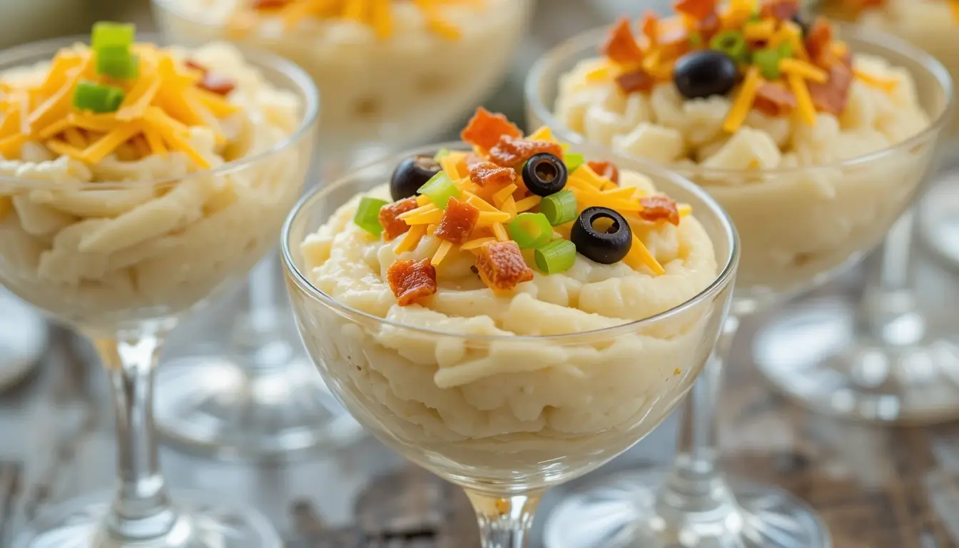 A beautifully arranged mashed potato bar featuring creamy mashed potatoes served in elegant glassware, topped with cheddar cheese, black olives, and green onions.