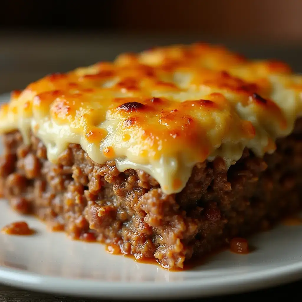 A close-up of a cheesy meatloaf casserole with a golden, bubbly cheese topping over a layer of tender, seasoned ground beef. The focus keyword highlights the rich, comforting flavors of this homemade dish.